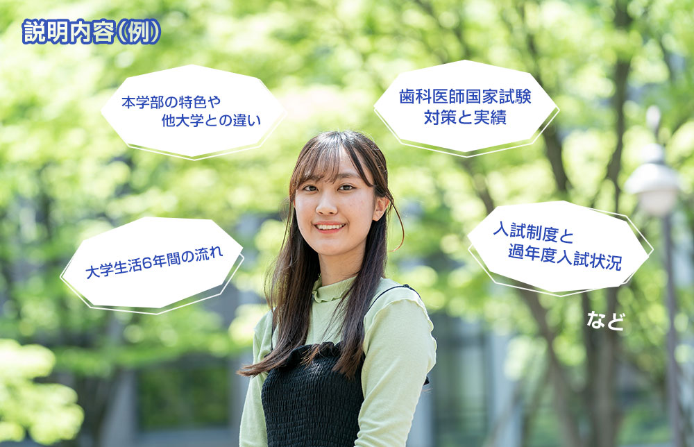 説明内容（例）本学部の特色や他学校との違い、大学生活6年間の流れ、歯科医師国家試験実績と解説、入試制度と過年度入試状況など