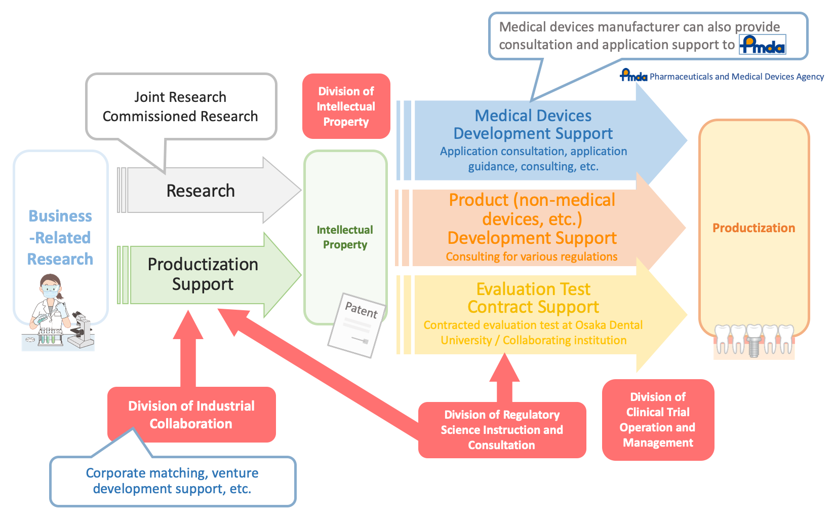 図1) In collaboration with Osaka Dental University and external research institutes and companies, each department of the Commercialization Research Promotion Center provides effective support toward the realization of commercialization and commercialization of seeds inside and outside the university.
		